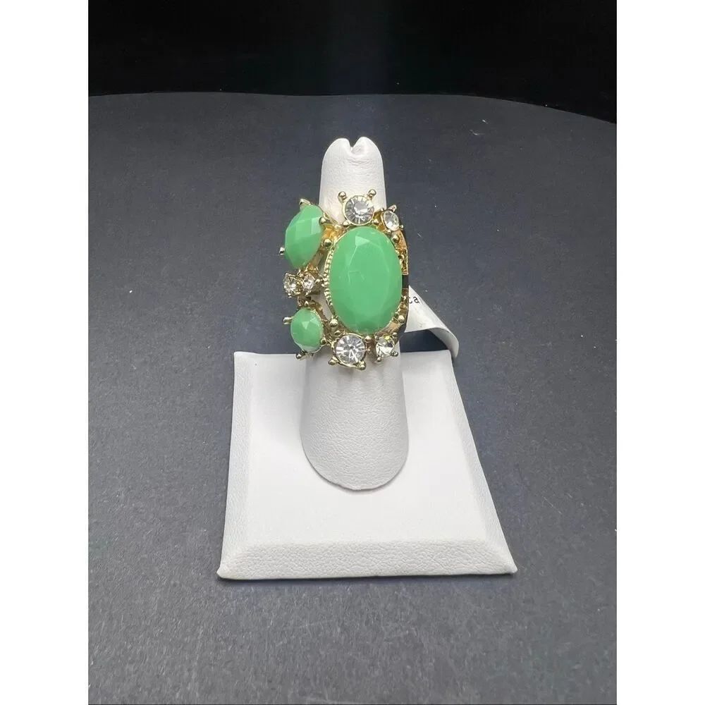 Chunky Gold Tone Green Resin Stone Rhinestone Statement Cocktail Ring One Size